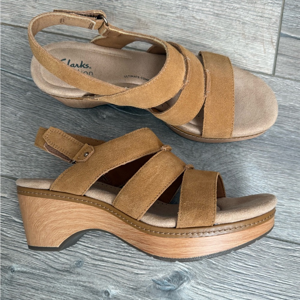 Clarks Tan Suede Wedge Sandals with Strappy Slingback
New without box